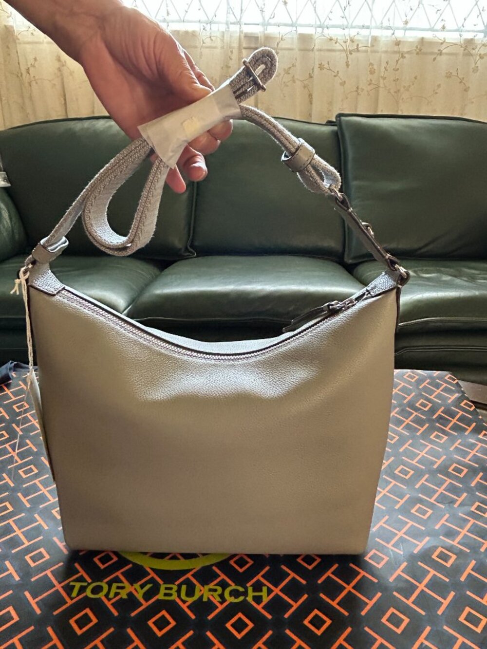 Tory Burch Thea Slouchy Crossbody Pebbled Leather 177324 Misty Cloud Gray NWT